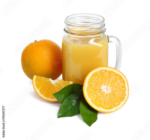 Refreshing orange juice in mason jar, leaves and fruits isolated on white