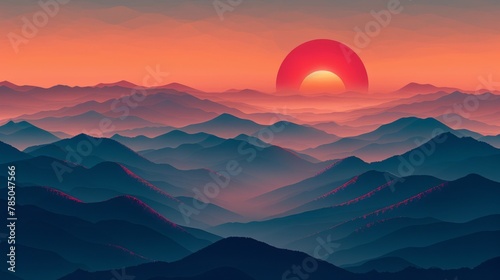 A beautiful landscape of a mountain range at sunset. The sky is a gradient of orange and pink, and the sun is a deep red. The mountains are blue and purple, and the foreground is a dark blue.