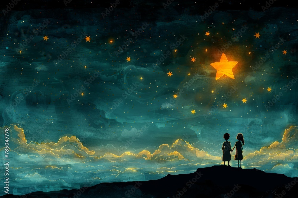 A boy and a girl are standing on a hill, looking up at a large star in the night sky.