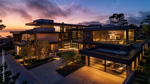A modern luxury home at dusk, with sleek geometric lines and expansive glass windows that reflect the setting sun The driveway is home to highend cars