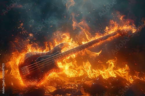 Blazing Riffs: A Fiery Bass Guitar Ignites Rock Passion. Concept Music, Bass Guitar, Rock Passion, Fiery Riffs, Instrument Energies