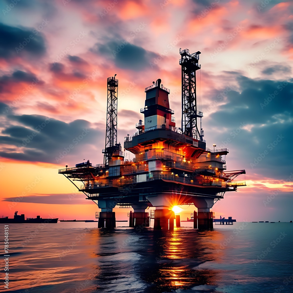 Stunning sunset view of an offshore oil rig drilling platform in the North Sea
