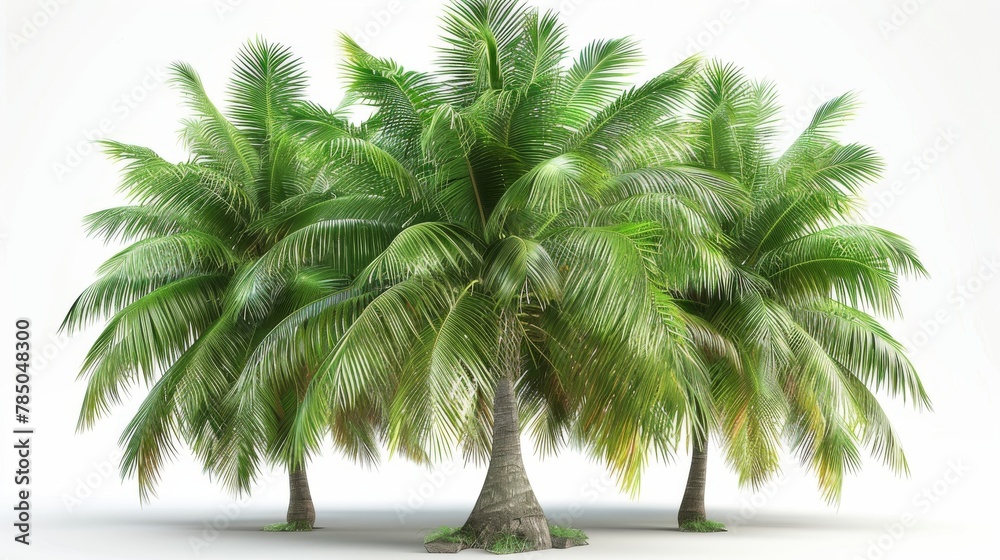 Fototapeta premium A group of three coconut palm trees with green leaves on a white background.