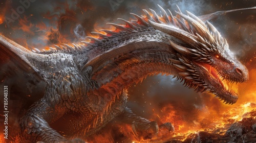A large silver dragon with red eyes and a long tail is breathing fire on a castle. © charunwit