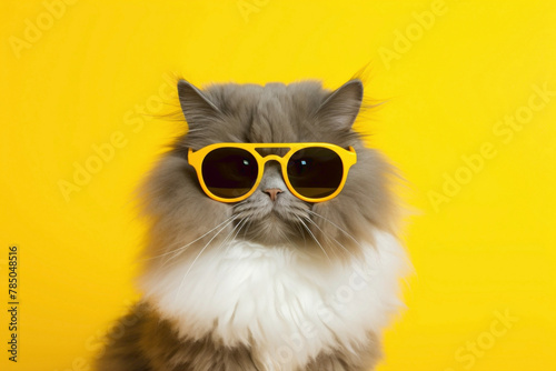 A fluffy  funny cat with oversized sunglasses and a sleek modern outfit  posing against a vibrant yellow background.
