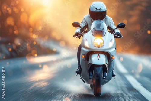 A motorcyclist is speeding down a wet road on a white sport bike. photo