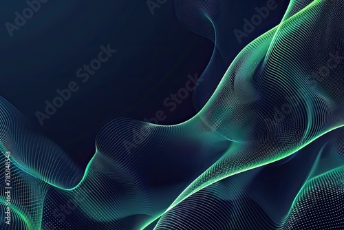 Abstract dark blue mesh gradient with glowing green curve lines pattern textured background Modern and minimal template with copy space Vector illustration