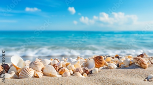 Sea and seashells. A lot of empty sea shells on the beach, close-up view. Sea coast and sea flora.