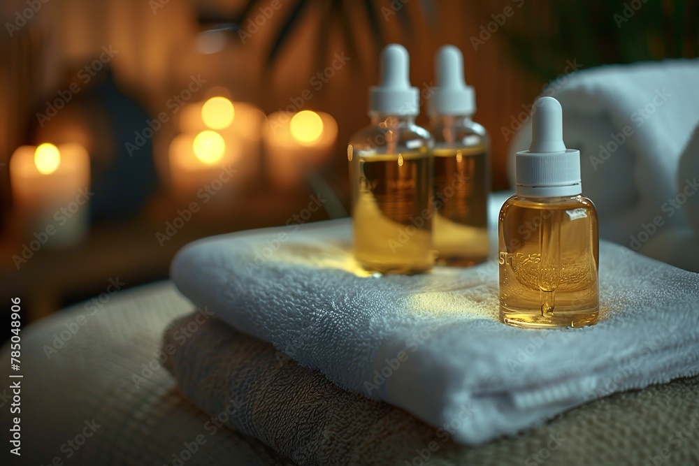 Essential oil bottles on a towel with warm candlelight in the background, symbolizing relaxation and wellness. Essential oil bottles on a towel with warm candlelight in the background, symbolizing relaxation and wellness.