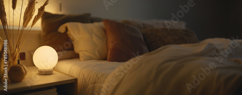 A cozy bedroom at night with soft lighting and fluffy pillows, promoting restful sleep.