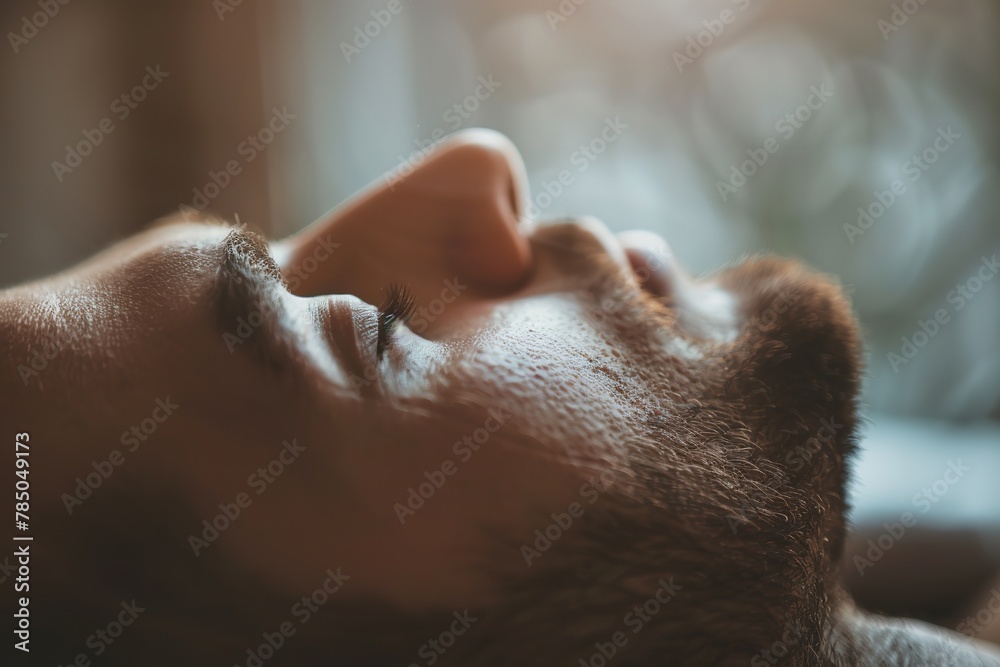 Naklejka premium Close-up of a person in serene sleep, focus on lashes and peaceful expression.