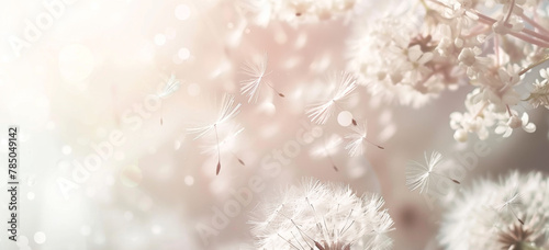 Dandelion seeds fly away in the wind on a white background 