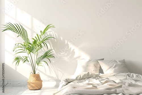Simple bedroom corner with sunlight casting shadows on a cozy unmade bed next to a plant.