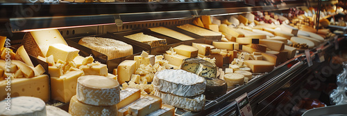 An extensive cheese display showcasing a variety of shapes and sizes in a deli photo