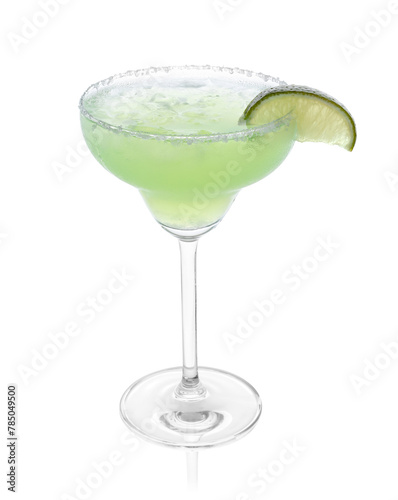 Delicious Margarita cocktail with ice cubes in glass, salt and lime isolated on white