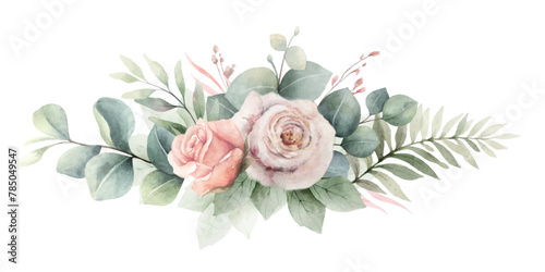 Dusty pink roses flowers and eucalyptus branches. Watercolor vector floral bouquet. Foliage arrangement for wedding , greetings, wallpapers, fashion, home decoration. Hand painted illustration. © ElenaMedvedeva