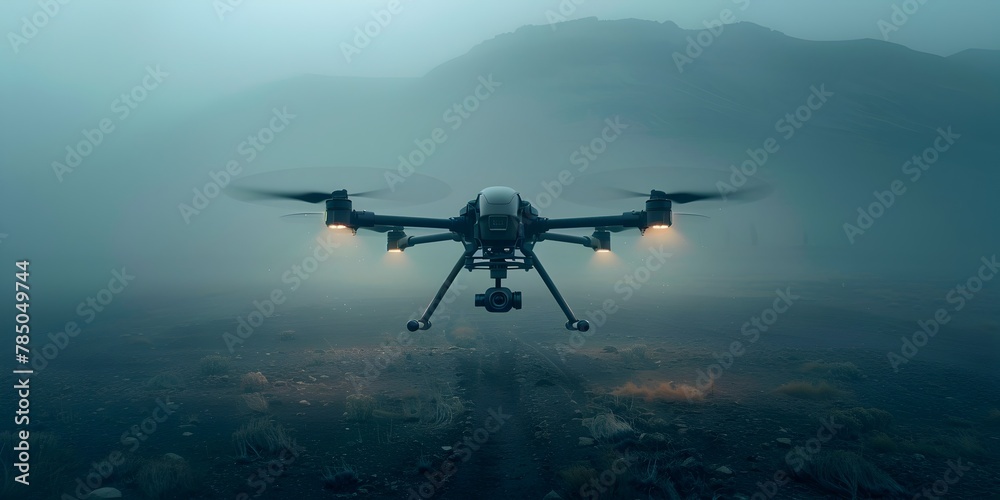 Fototapeta premium Protective Military Drone Hovering Over Rugged Mountainous Terrain in Misty Conditions