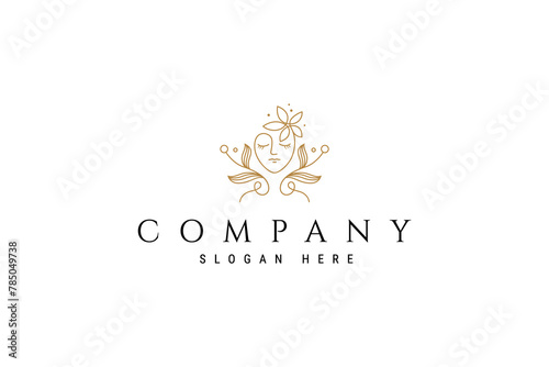 beautiful woman logo with combination of flowers and leaves in gold linear line art design style