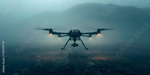 Protective Military Drone Hovering Over Rugged Mountainous Terrain in Misty Conditions