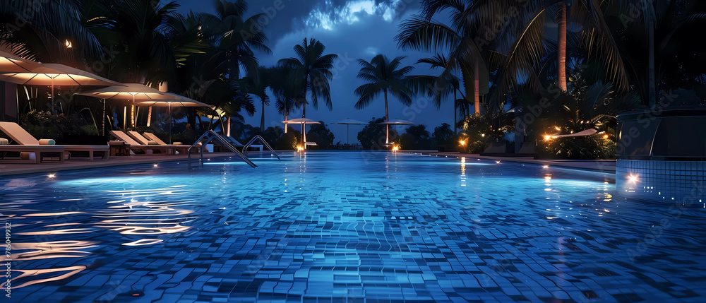 Luxurious tropical resort pool at the night. Generative ai design concept. - obrazy, fototapety, plakaty 