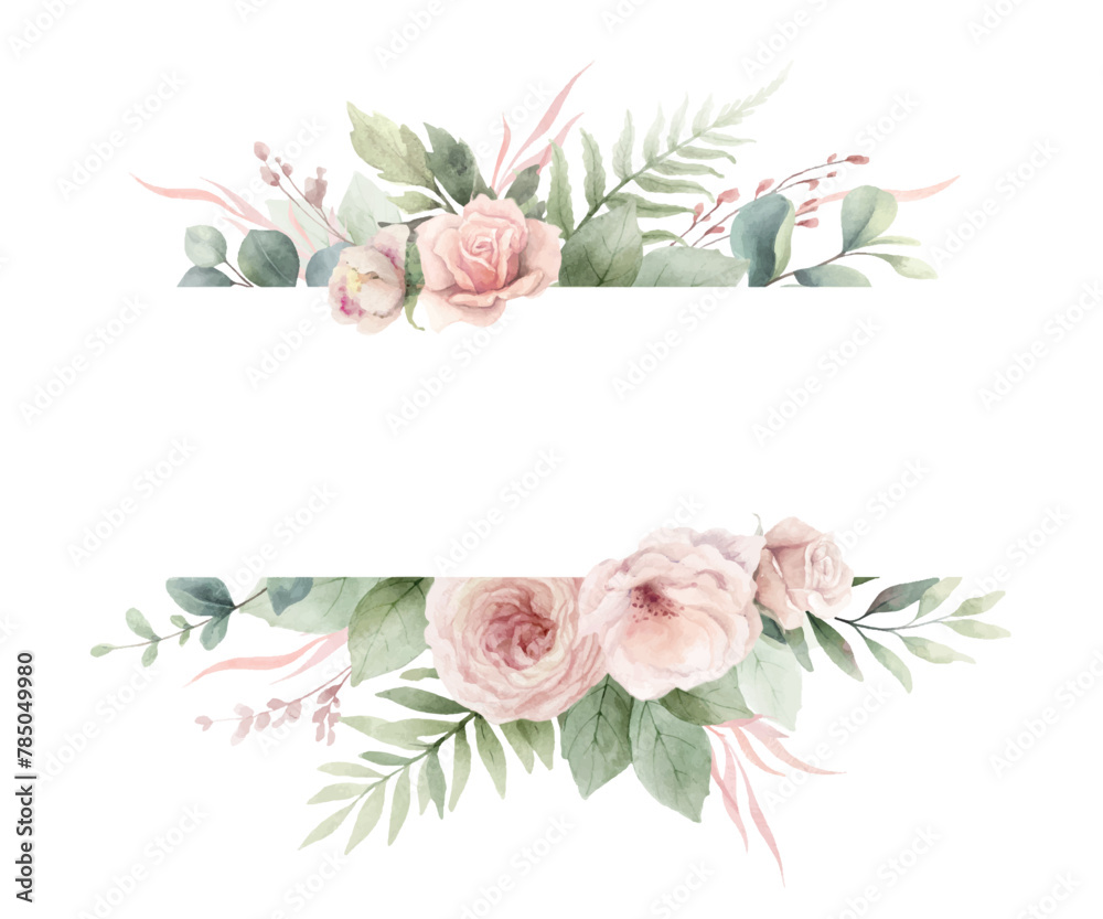 Watercolor vector floral frame border with pink roses flowers, eucalyptus branches and texture. Perfect for wedding stationery, greetings, wallpapers, fashion, fabric, home decoration. Hand painted