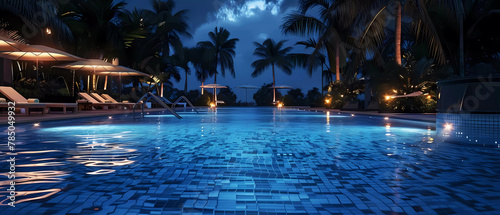 Luxurious tropical resort pool at the night. Generative ai design concept.