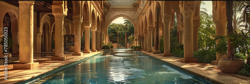 Warm sunlight bathes a calm pool flanked by elegant arches and columns, enveloping the scene in an aura of history and peace