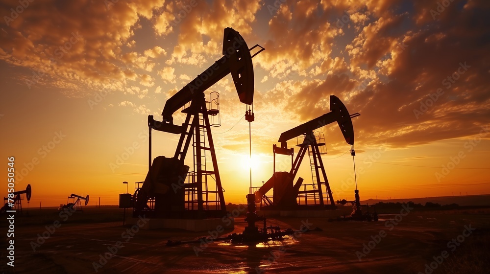 Sunset Over Oil Pumpjacks in the Field