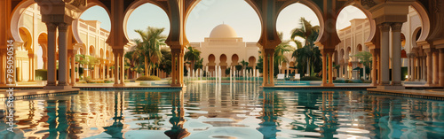 A tranquil water body mirrors the stunning details of an ornate palace with arches and domes, evoking a sense of serenity and opulence