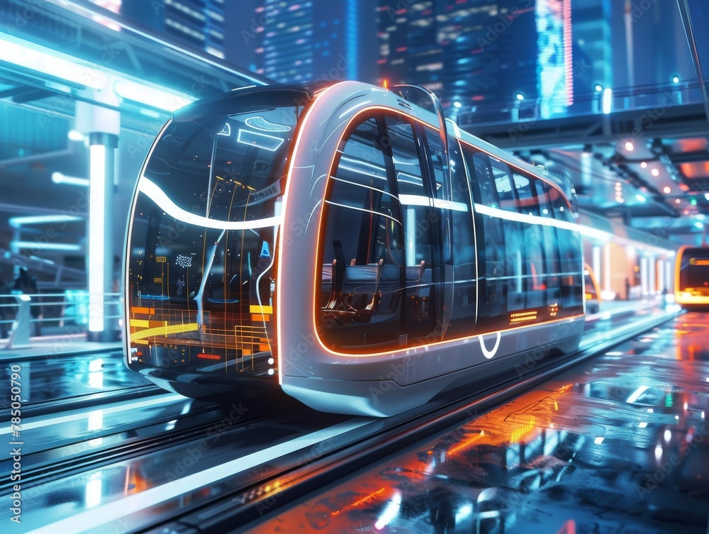 Driverless buses and trams revolutionize city commute, offering autonomous public transport for a futuristic journey. - obrazy, fototapety, plakaty 