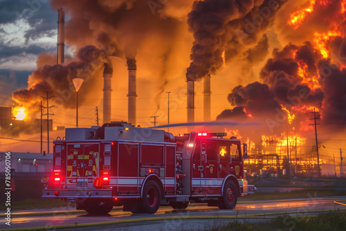Fire truck responding to a massive industrial complex fire at dusk.