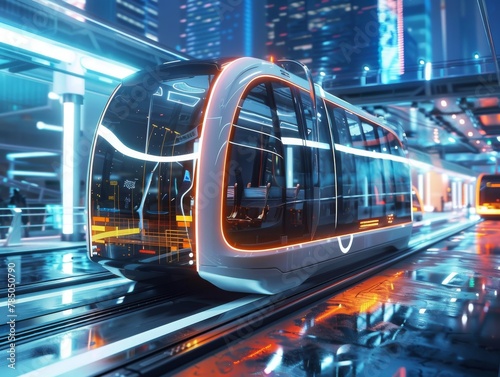 Driverless buses and trams revolutionize city commute, offering autonomous public transport for a futuristic journey. © Nawarit