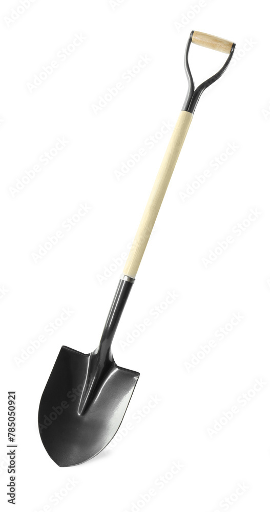 One new shovel with wooden handle isolated on white. Gardening tool One new shovel with wooden handle isolated on white. Gardening tool