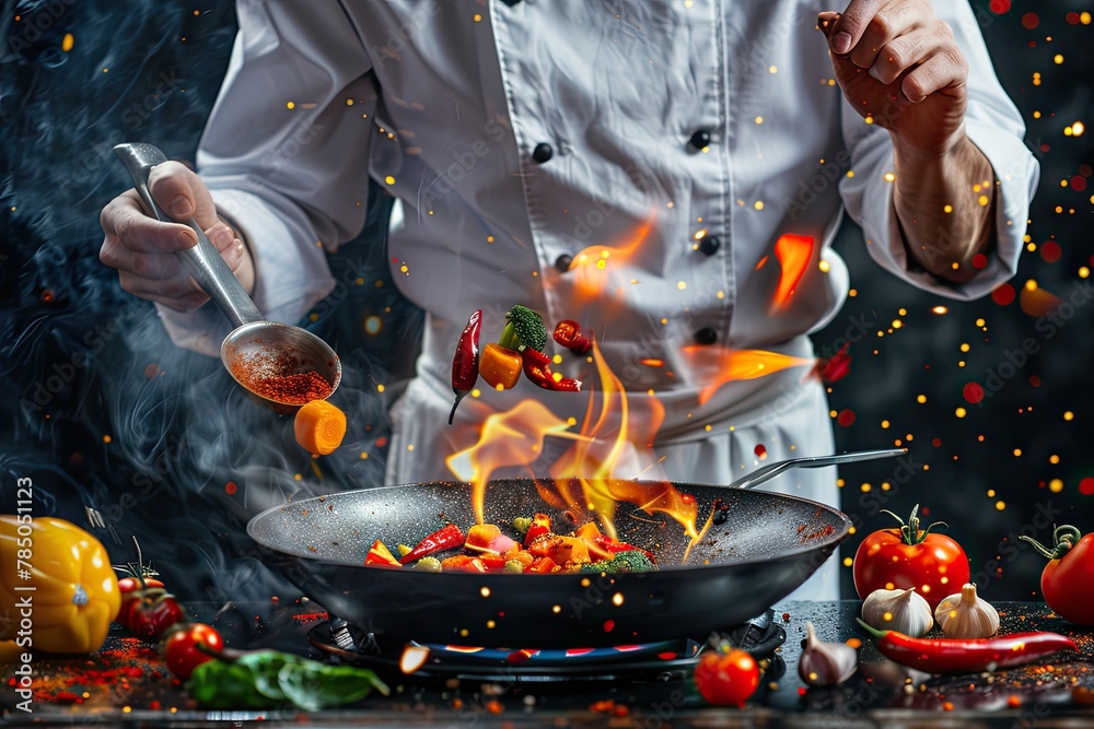 Chef tossing flaming vegetable in a frying pan Chef tossing flaming vegetable in a frying pan