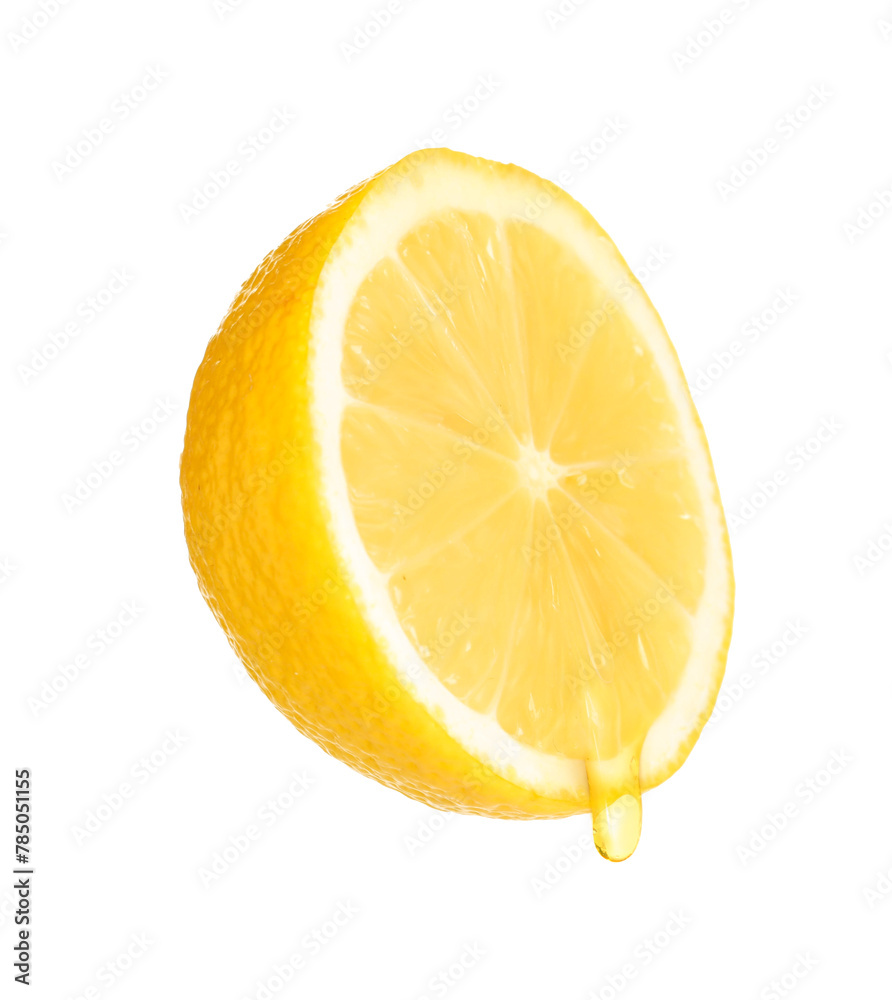 Juice dripping from half of lemon isolated on white