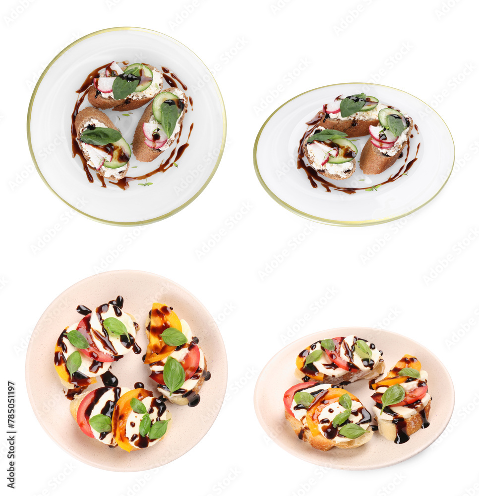 Collection of delicious bruschettas with cream cheese and balsamic vinegar isolated on white, top and side views Collection of delicious bruschettas with cream cheese and balsamic vinegar isolated on white, top and side views