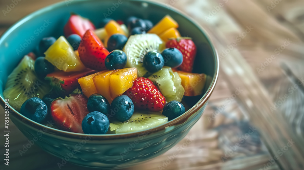 Healthy living concept, close-up of a bowl of fresh fruit salad