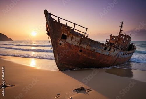 At dusk, a rusty shipwreck looms on a sandy beach, a silent sentinel of maritime history