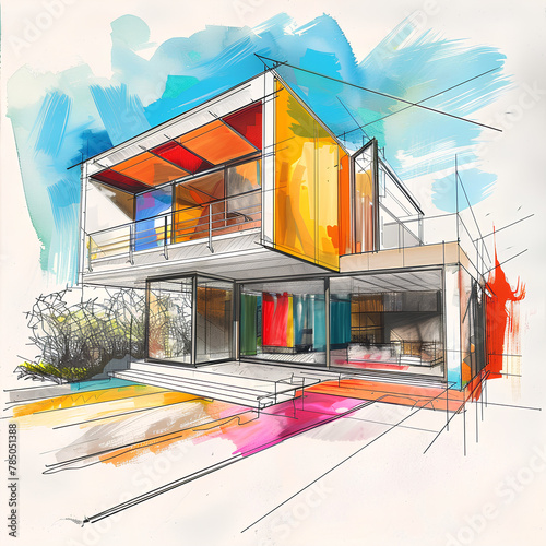 Modern Architectural Concept Sketch, Colorful Watercolor Illustration of a Contemporary House