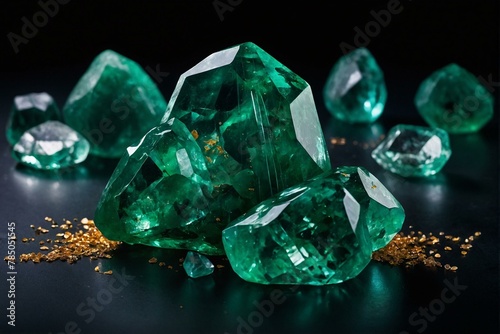 A stunning display of various cuts of emerald gemstones against a dark backdrop © ArtistiKa