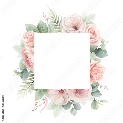 Dusty pink roses flowers and eucalyptus leaves. Watercolor vector square floral frame. Wedding stationary, greetings, wallpapers, fashion, fabric, home decoration. Hand painted illustration.