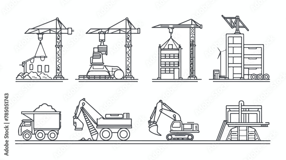 Building site engineering and machinery. Thin line art