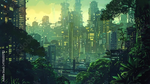 Illustrate a futuristic cityscape blending into a lush jungle using pixel art, with a worms eye view for dramatic effect