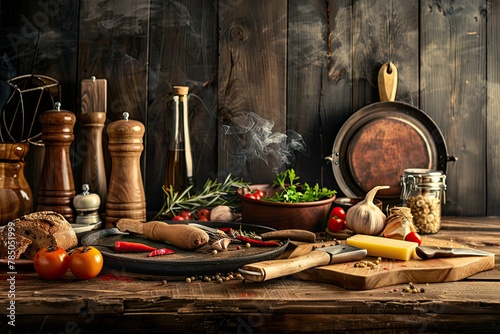 cooking equipment on wooden kitchen table
