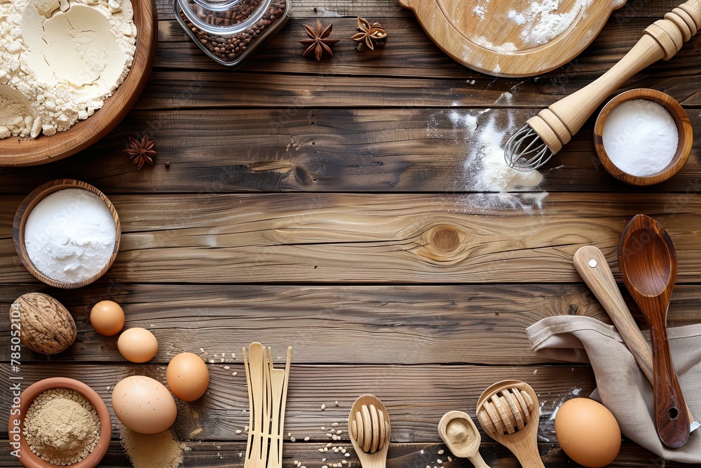 cooking equipment on wooden kitchen table cooking equipment on wooden kitchen table