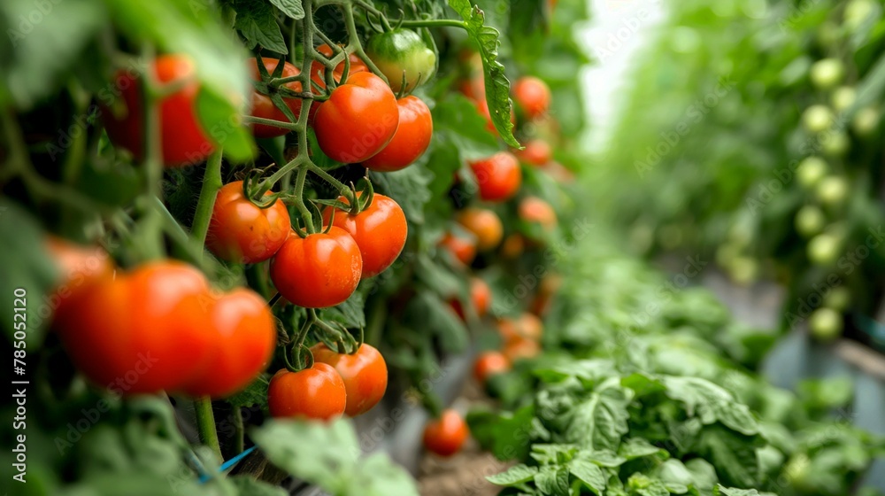  Red tomatoes are hanging from a plant. The leaves are green and the tomatoes are wet water drop. generative ai illustration.