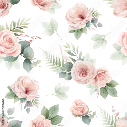 Watercolor vector floral seamless pattern. Pink roses flowers and eucalyptus leaves. Wrapping paper, textile, wedding design, digital scrapbooking, packaging, fabrics. Hand painted illustration.
