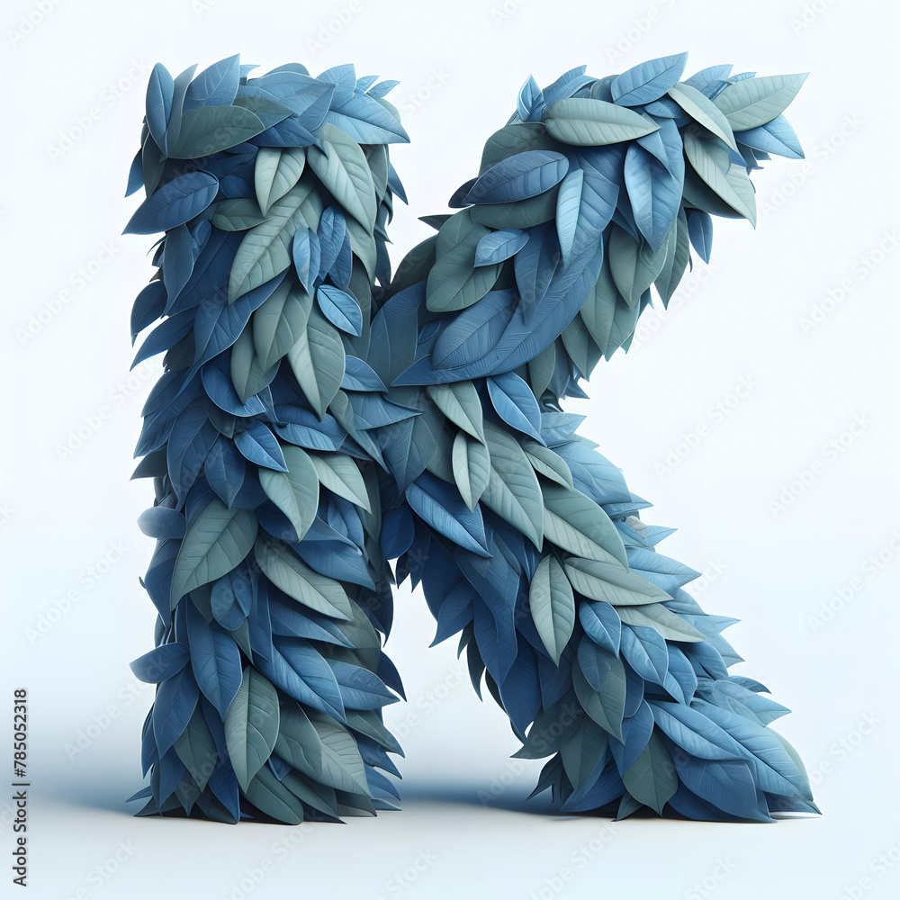 Obraz premium The letter K is made out of blue Leaves, Isolated on a white background, leaves font concept, Creative Alphabet, Letters, Natural Blue 