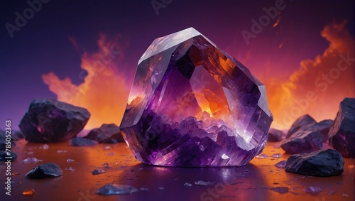 An imposing purple crystal takes center stage among fiery elements, suggesting themes of magic and mystery