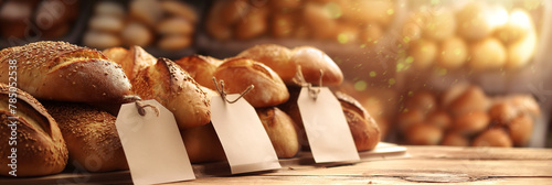Golden hour light enhances the texture of an assortment of artisan breads with tags, ready for sale photo